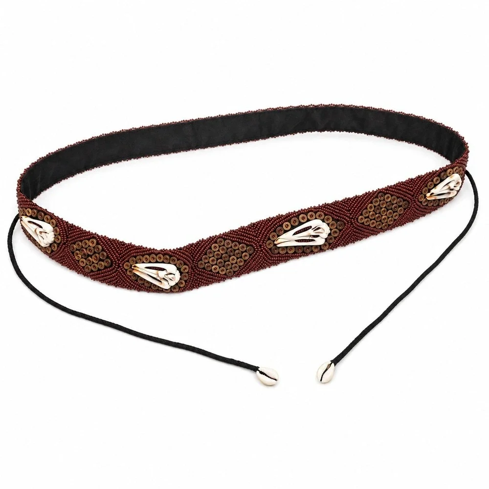 Handmade Beaded Cowrie‎ Shell Belt Red Brown Tribal Boho Waist Tie Festival